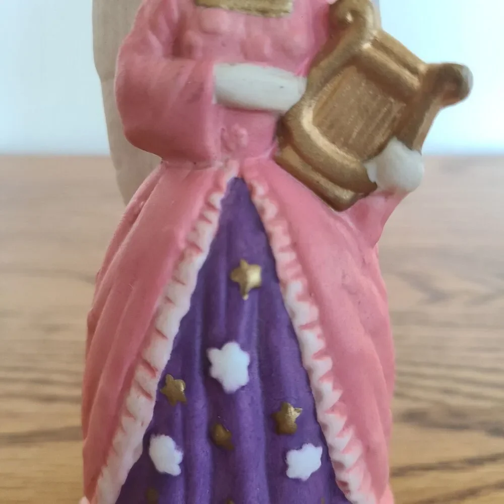 Vintage Hand Painted Bell Bisque Musical Angel Figurine With Pink Gown And Harp